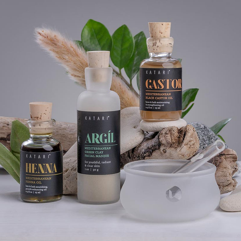 Dry Scalp & Hair Issues Kit: Henna Oil (15 ml / 0.5 fl oz), green clay "Argil" (30 ml / 1 fl oz),  black castor oil "Castor" (15 ml / 0.5 fl oz) and hand blown glass mixing bowl