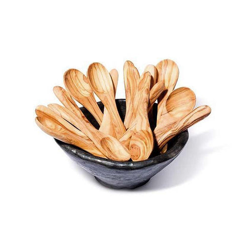 Mixing, measuring, or eating spoons sustainably handcarved out of olivewood in clay mixing bowl