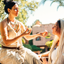 Kate offering a drop of Katari Amour d'été perfume oil in a sunny Mediterranean courtyard
