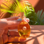 Hand holding a hand-blown glass amphora of Katari oil in warm Mediterranean light