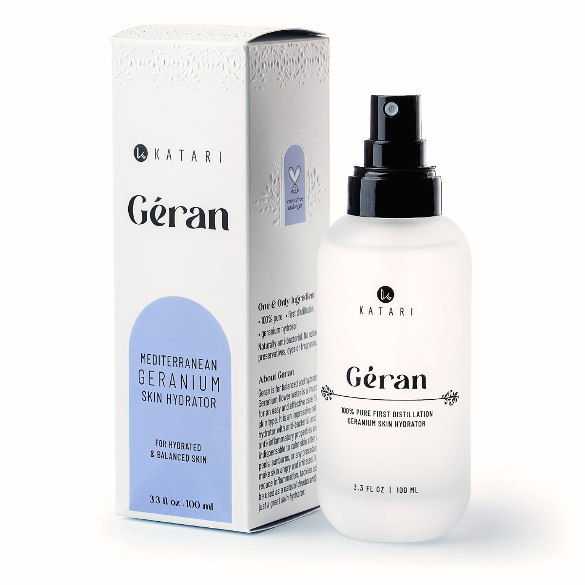 Katari Geran 100% pure first-distillation geranium skin hydrator, 3.3 fl oz frosted glass bottle with its box