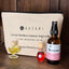 Cosmetic bag with skincare products on a wooden surface