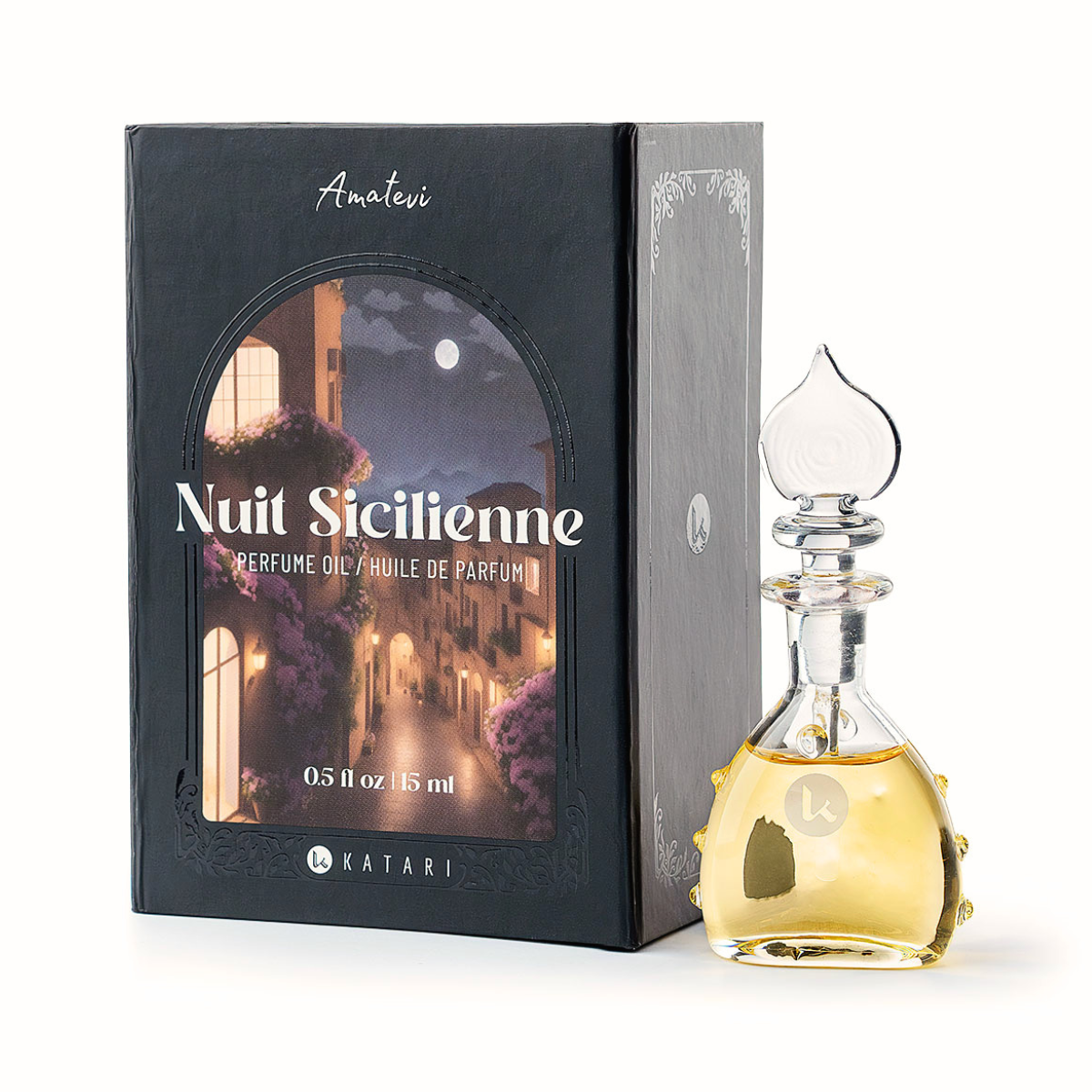 Katari Nuit Sicilienne perfume oil, 0.5 fl oz hand-blown glass bottle with its box