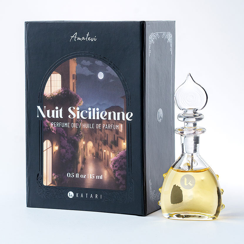 Perfume. 100% pure, organic essential oils distilled from plants grown in Provence, France. No alcohol, no dyes, no artificial fragrance.