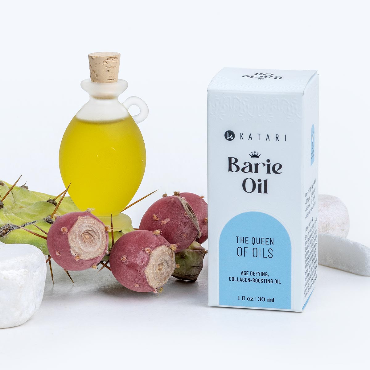 Katari Barie — Prickly Pear Cactus Seed Oil in a glass amphora and 1 oz box with prickly pear cactus fruit.