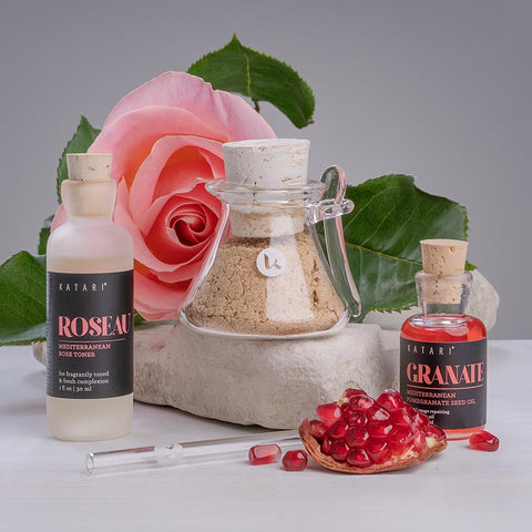 Kit peau éclatante - Toner à la rose, poudre exfoliante Barie et huile de pépins de grenade