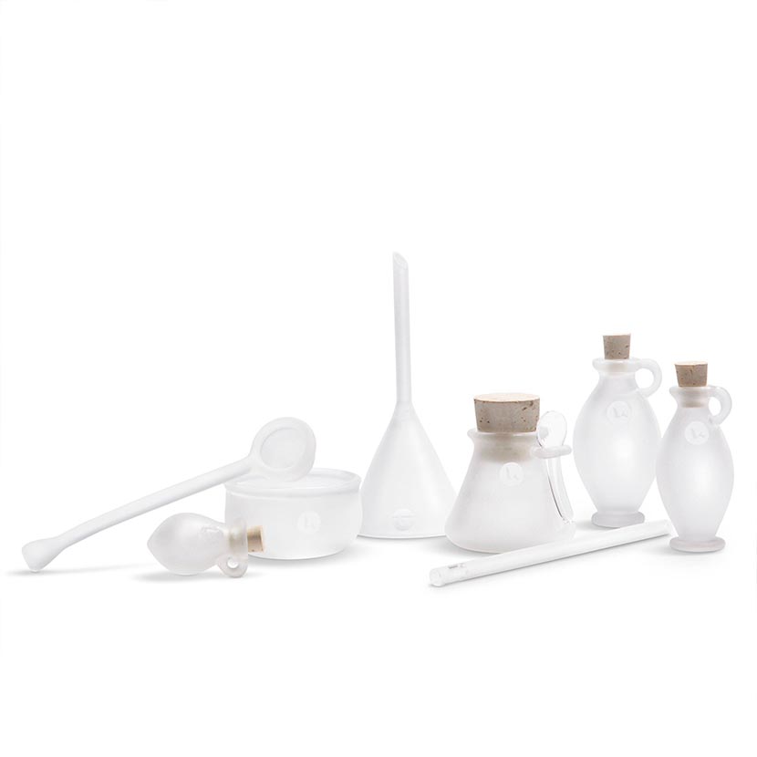 8pc handblown apothecary frosted glass set on a white background