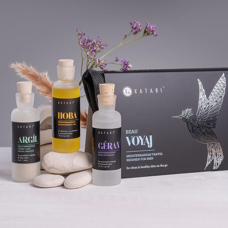 "Beau Voyaj" Kit for men: geranium water "Geran", skin moisturizing and priming jojoba oil "Hoba", green clay for skin "Argil" and linen bag