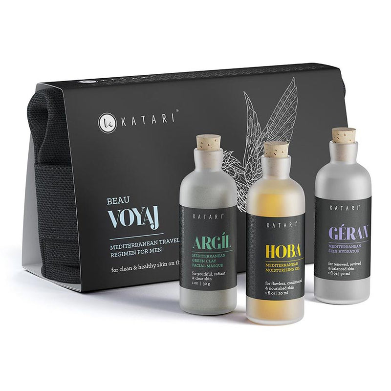 "Beau Voyaj" Kit for men: geranium water "Geran", skin moisturizing and priming jojoba oil "Hoba", green clay for skin "Argil" and linen bag on a white background