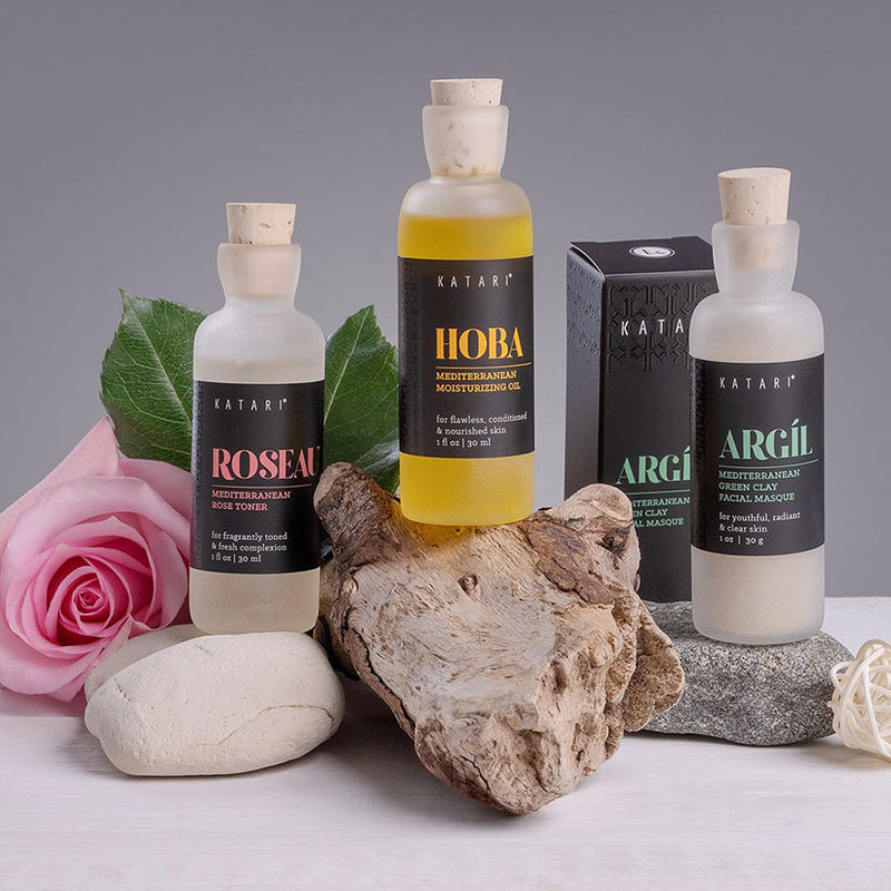 Cleanser, Toner & Masque Kit: rose water toner "Roseau", moisturizing jojoba oil "Hoba" and green clay facial masque "Argil"