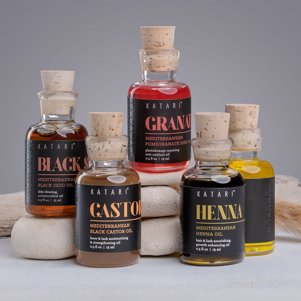 Luxury Oils Tester Set: black seed oil, black castor oil, pomegranate oil, henna oil and jojoba oil